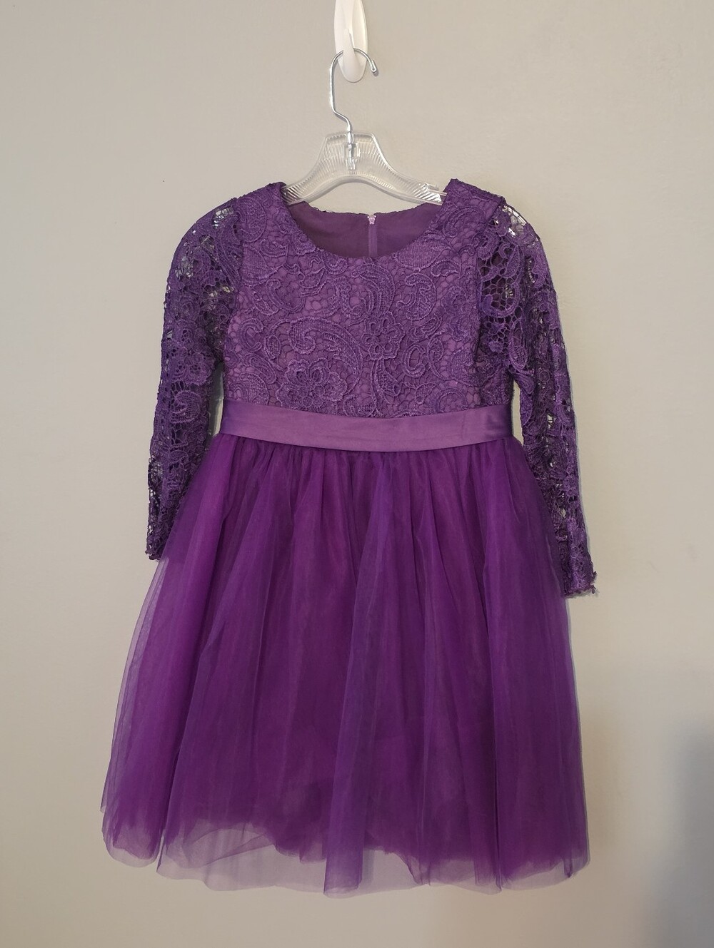 Long Sleeve Purple Lace Top Tulle Skirt Party Dress Flower Girl Size 10-11
